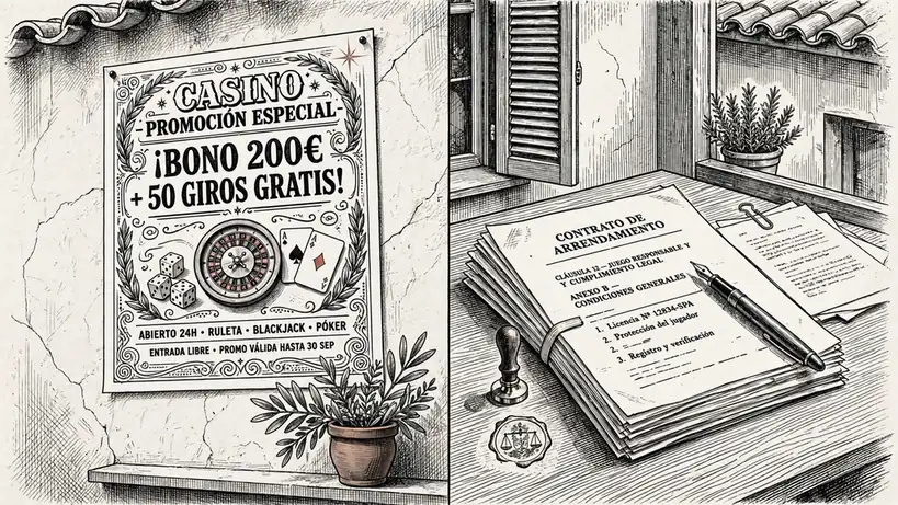 Promoción de casino y documentos legales en pantalla dividida